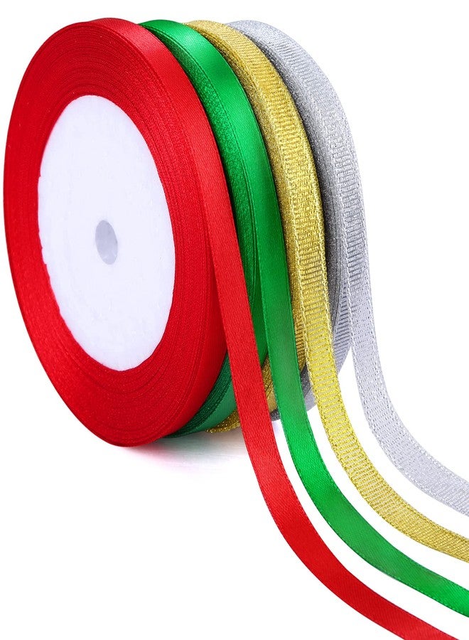 iefoah 100 Yards Christmas Ribbons,3/8 Inch Gold Silver Glitter Ribbon for Gift Wrapping Red and Green Satin Ribbon for Christmas DIY Crafts Decoration 4 Rolls - Image 1